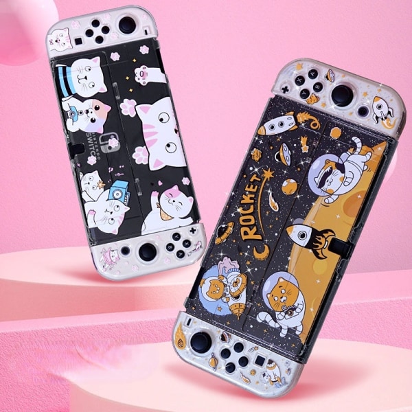 For Switch OLED Protective Shell Meow Cat Theme Design Insertable Base Transparent Glitter Entertainment cat
