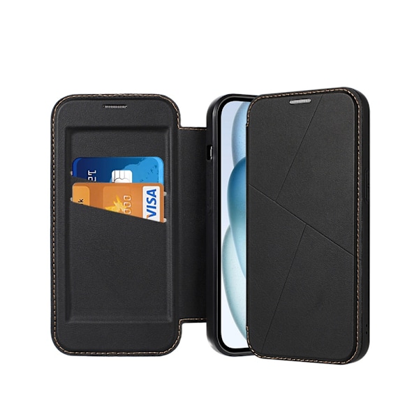 Etui til iPhone 15 Pro Max sort læder med dobbelt kortslot og magnetlukning