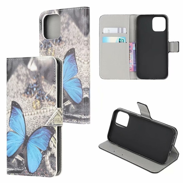 Fodral för iPhone 13 Pro blå fjäril målat läder kortplats plånbok tryck