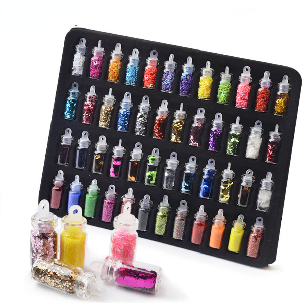 Kynsikoristeet nail art varten 48-värinen lasipullo, kynsikoristeet hohtava puuteri paljetteja kuusikulmainen kaviaari 48-Color mixed Color set sequins