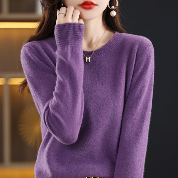 Kvinder Strik efterår vinter sweater rund hals indre base skjorte ensfarvet løs sweater Violet M