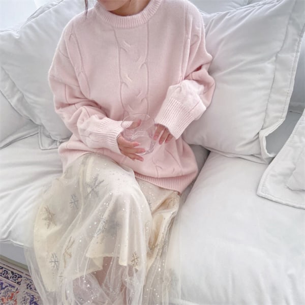 Kvinner strikkeplagg Høst Vinter Genser Mohair Løs Yttertøy Mori Style Tykk Twist Pullover Pink 65*107*43cm