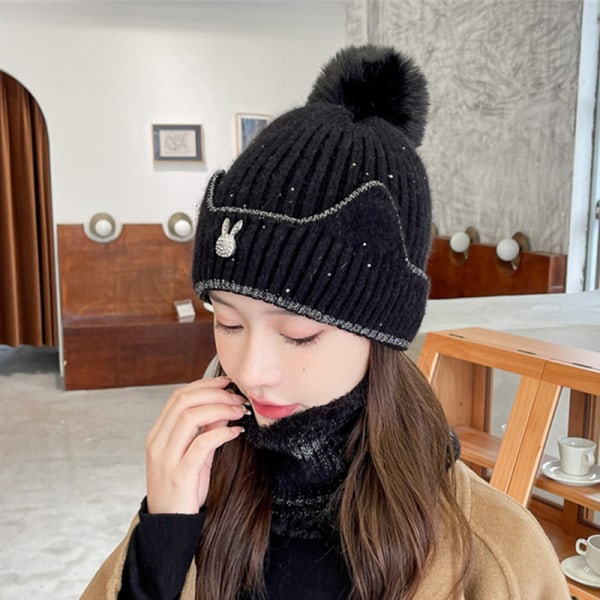 Varm vinterstickad mössa Ull dam höst och vinter öronskydd Halsduk Varm och söt unisex Beige cat ear straight woolen cap Thin Cap M