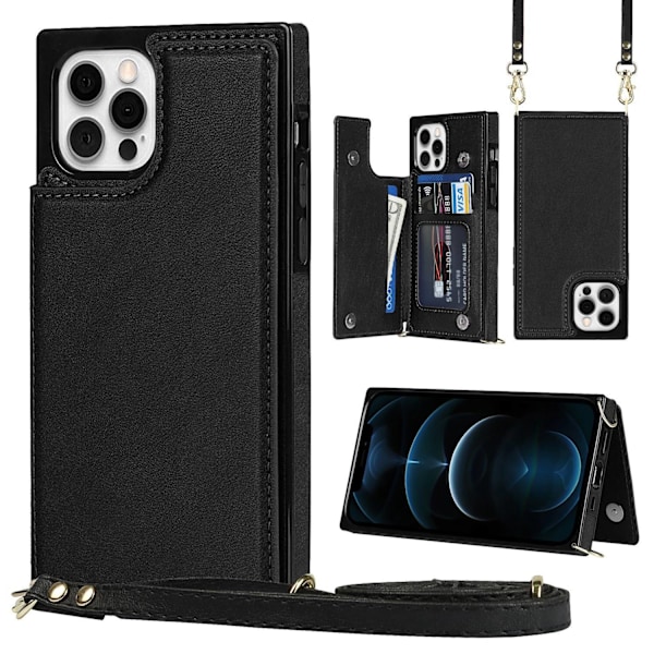 Kotelo iPhone 13 Prolle, musta crossbody, tuplalukko, korttipaikka, lompakko, nahkainen pidike