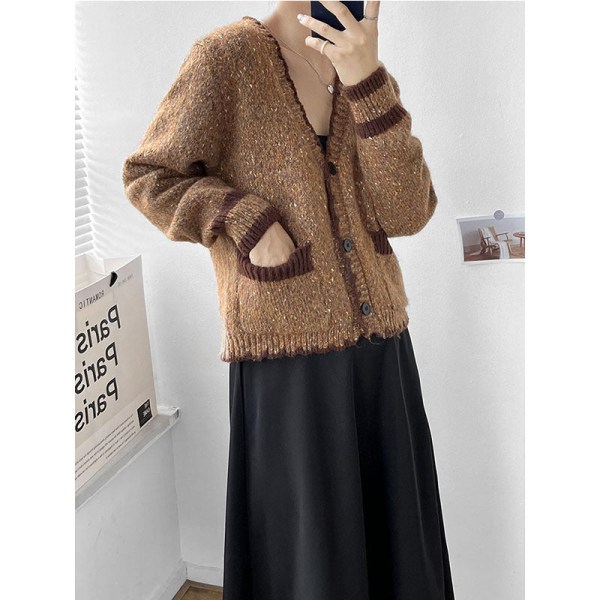Kvinder Strik Efterår Vinter Sweater Vintage cardigan V-hals Langærmet Løs Casual Top Coat Coffee color 53*94*56cm