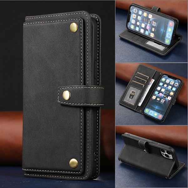 Etui til iPhone 13 Pro 6.1 sort retro læder flip multi funktion kort slot