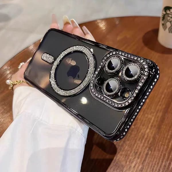 Etui til iPhone 17 Air Sort Rhinestone Magnetisk Transparent