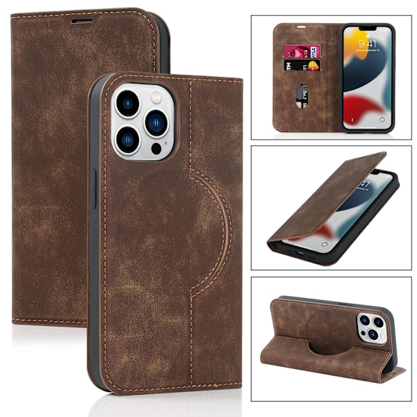 iPhone 14 -kotelo tukee magneettista langatonta latausta, vaaleanruskea korttipaikallinen lompakko