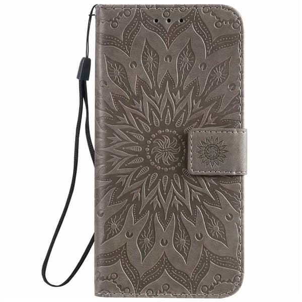 Etui til iPhone 14 Pro Max grått lær solsikke preget totem