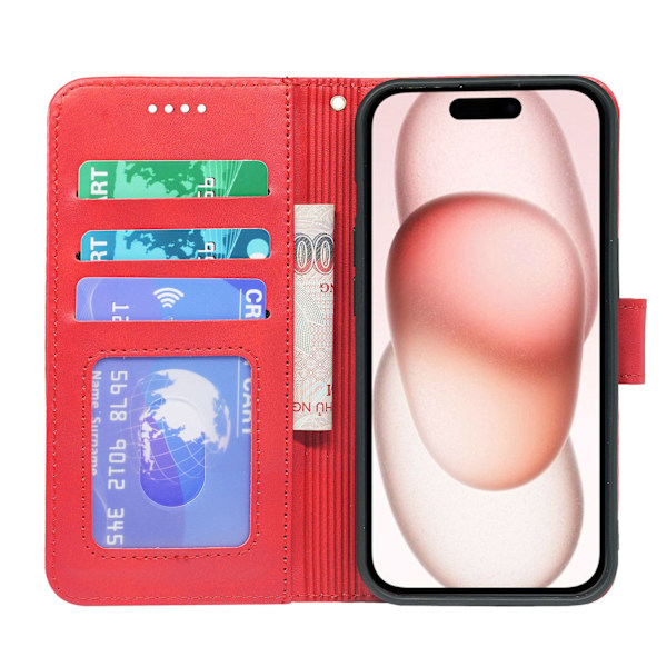 Kirkas punainen iPhone 14 Pro -lompakkokotelo, vasikannahkaa, valokuvakehys, jalusta, nahkaa