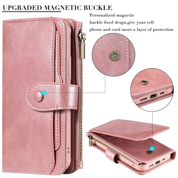 Fodral för iPhone15promax rosa multi carat dragkedja läder plånbok split