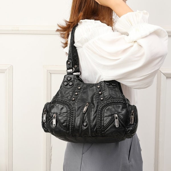 Naisten naisten käsilaukku Vintage casual laukku Todellinen pesty pehmeä nahka muoti Crossbody Black