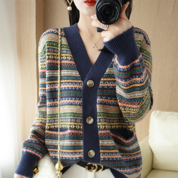 Kvinnor Stickad Höst Vinter Tröja Koreansk Stil V-ringad Etnisk Jacquard Stickad Cardigan Baggy Coat Navy blue (with pocket) 108*60*50cm