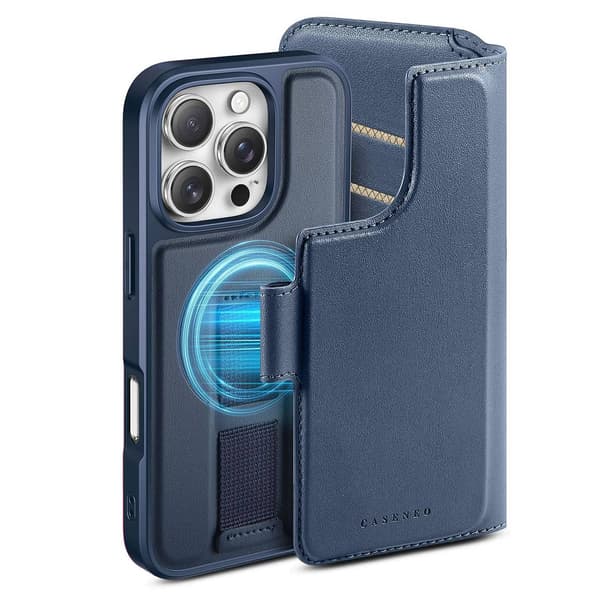 Etui til iPhone 13/14 blå 2 i 1 magnetisk split flip kort håndledsrem læder