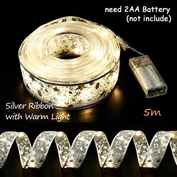 2m/5m LED-valo joulunauhajouset LED-joulukuusen koristeilla uudenvuoden sisustukseen Silver 5m Colorful light