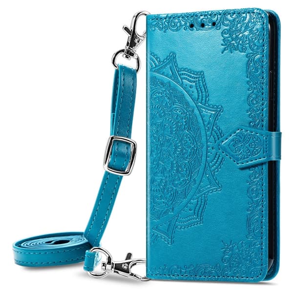 Etui til iPhone 16 Plus blå mandala lær lang crossbody snor preget