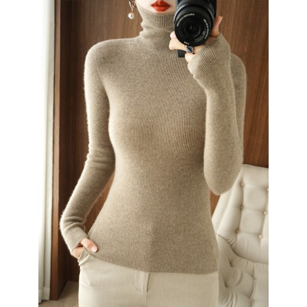 Naisten Neuleet Syksy Talvi Neule Päällysvaatteet Turtleneck Cashmere Neule Pile Kaulus Neulepusero Elegant camel S