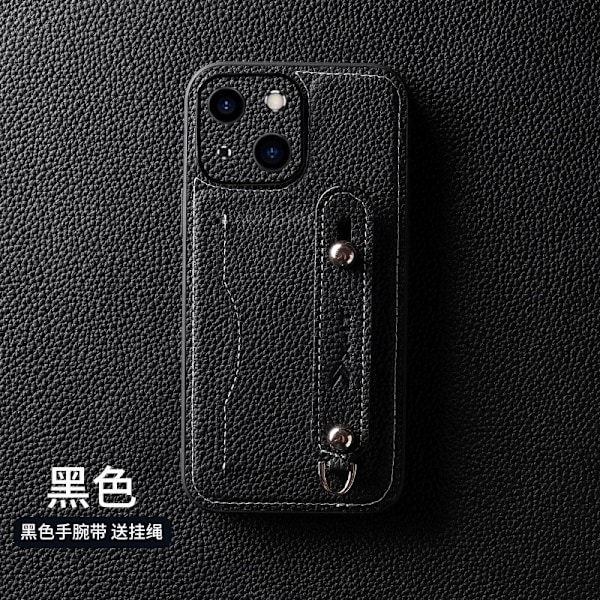 Fodral för iPhone 14 Plus, klassiskt svart läder, kohud, handledsrem, stativ, snodd, kortfack, anti-fall