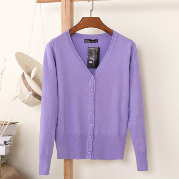 Damestrikk Høst Vinter Genser Loose Crop Top Cardigan Langermet Inverness Light purple S