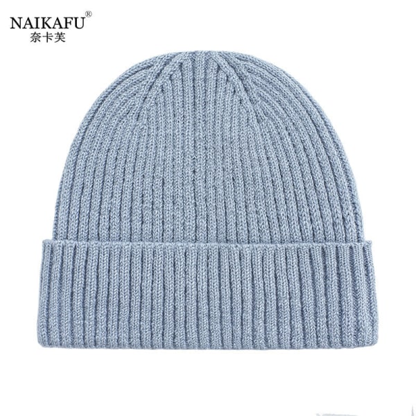 Lämmin talvi neulottu pipo hatut korealaistyyliset naiset yksivärinen hihallinen cap Unisex Flanging small hat-light blue M