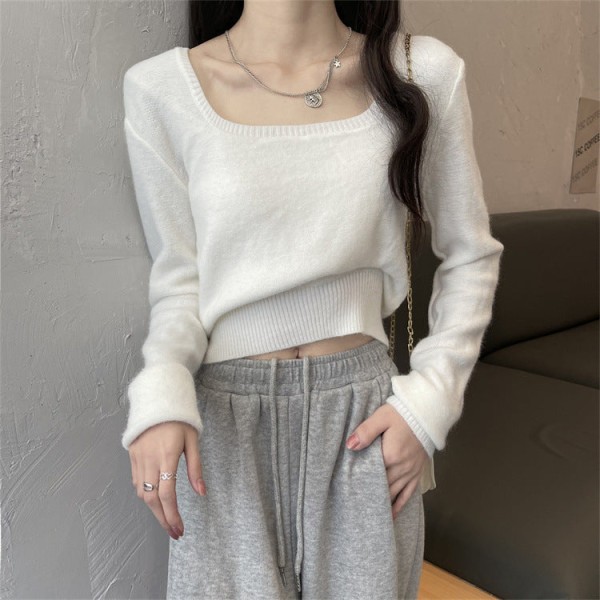Kvinder strik efterår vinter sweater Firkantet krave kraveben Slim Fit Slankende langærmet top White 44*84*65cm