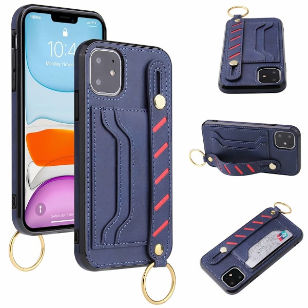 Etui til iPhone 13 Pro blå håndledsrem multifunktionel kortslot læder