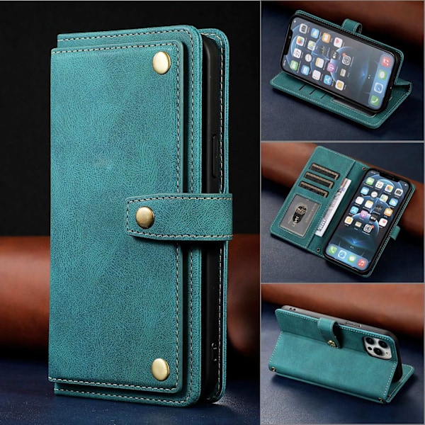 Etui til iPhone 13 6.1 blå retro læder flip multi funktion kort slot