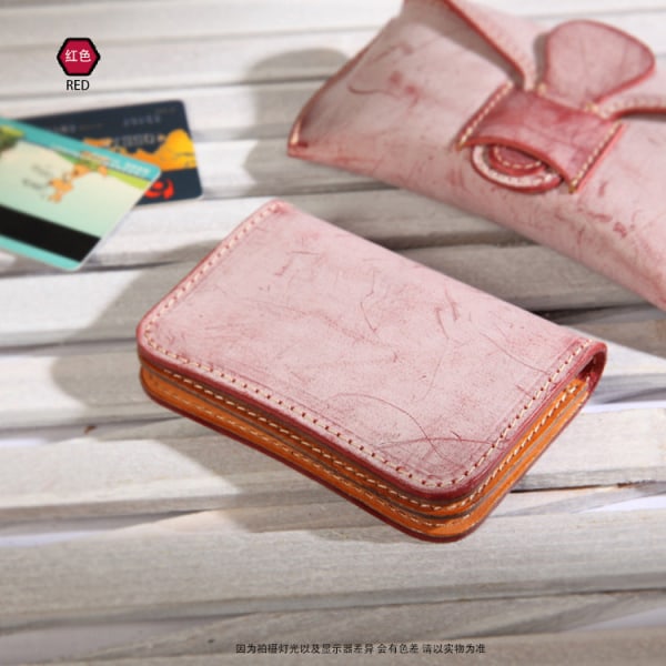 Skelet-skind kortholder tågevoks læder møntpung Håndlavet korttaske i kvæghud Cherry blossom pink