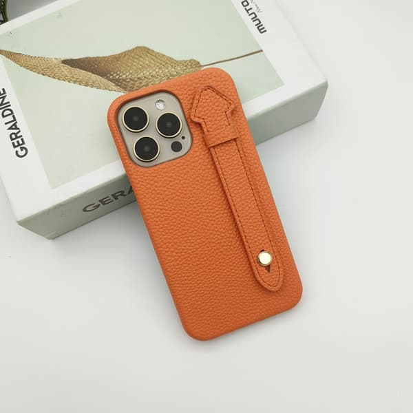 Fodral för iPhone 17 Orange Läder Handledsrem Ställ Hårt