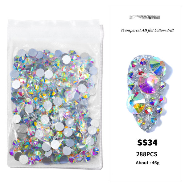 Negledekorasjoner for Nail Art Botting Drill Transparent AB Diamond DIY-dekorasjoner Gullbunn Sølvbunn SS34AB（7.2）288