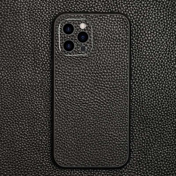 Fodral för iPhone 14 Pro Max klassiskt svart läderram lins högkvalitativt litchimönster