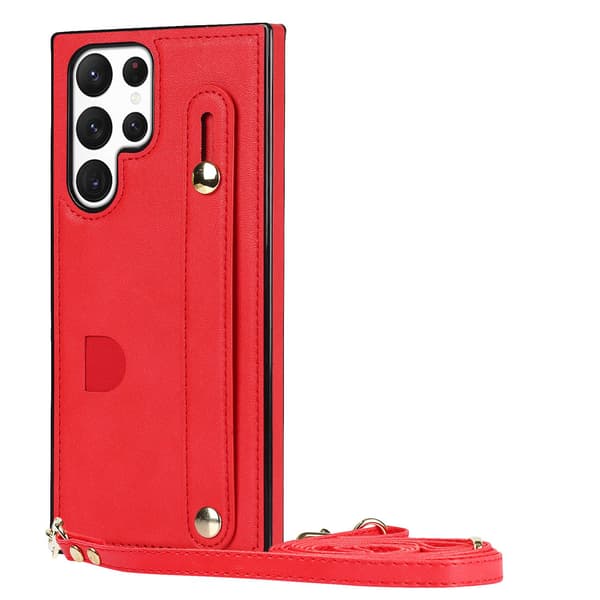 Etui til iPhone 14 6.1 rød håndleddsstropp crossbody stativ lær