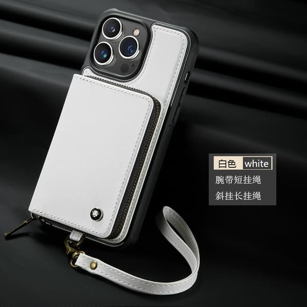 Fodral för iPhone16proamx C22 vit handledsrem dragkedja plånbok baksida kortplats