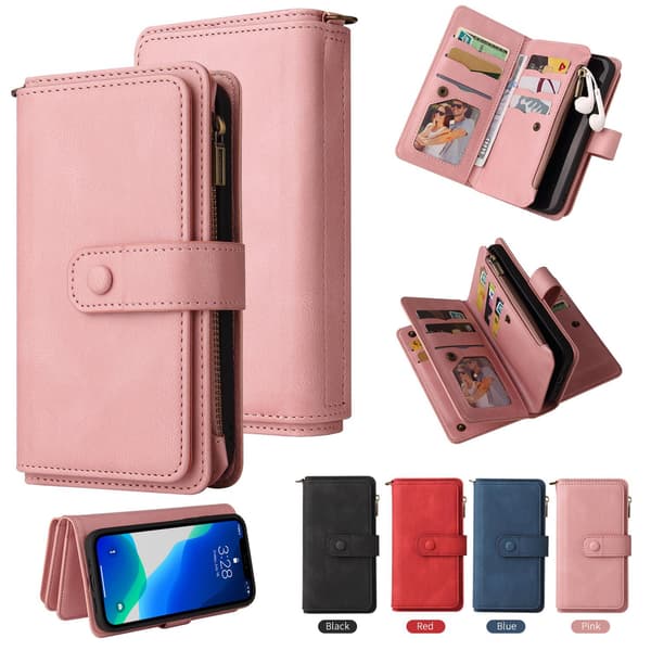Fodral för iPhone 14plus rosa dragkedja korthållare plånbok läderkänsla