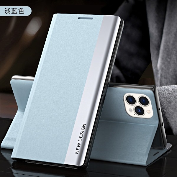 Fodral för iPhone15PLUS ljusblå flip magnetisk elektropläterad läder sidofönster osynlig br