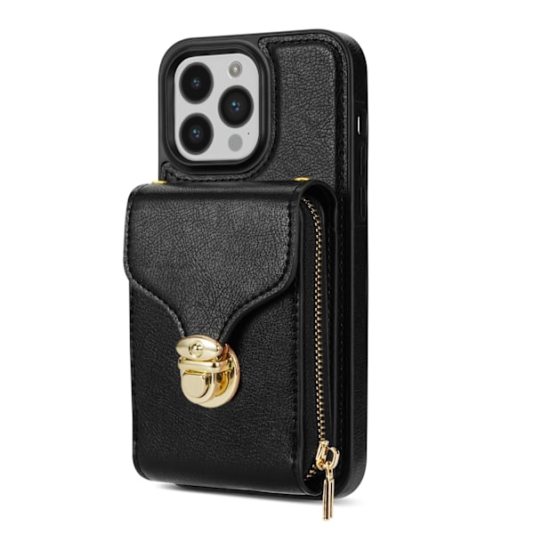 Etui til iPhone 13 mini sort uden lanyard lynlås crossbody spænde pung stativ multi kort fuld b