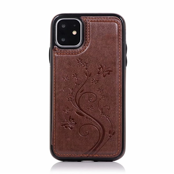 Etui til iPhone 13 Mini Brun Dobbel Spenne Preget Sommerfugl Lær Etui Dobbel Stativ Lommebok Korea