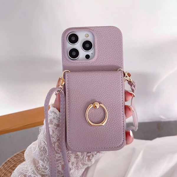 Skal för iPhone 13promax 6,7 tum lotus lila fingerring spänne justeringsrep litchi patte
