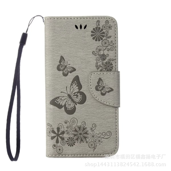 Fodral för iPhone 13 Mini Grått präglat fjärilskortfack läderplånbok