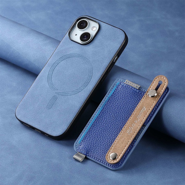 Etui til iPhone 15 Pro Max, blå magnetisk kortholder og pung