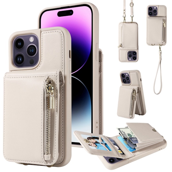 Etui til iPhone 13 Pro hvit crossbody glidelås kortholder lommebok stativ skulderstropp