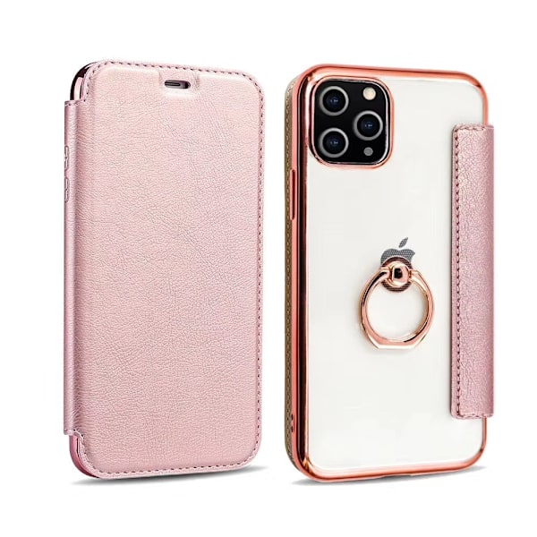 iPhone 15PLUS -kotelo ruusukulta sormuksella, läppä nahkaa, galvanoidulla PU-sormuksella, läpinäkyvä korttipaikka