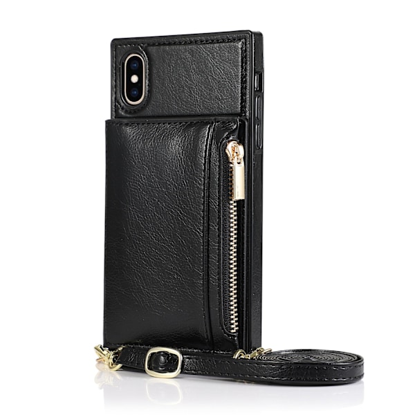 Etui til iPhone 13 Pro Max 6.7 sort crossbody pung lynlås kortholder læder firkantet fuld taske