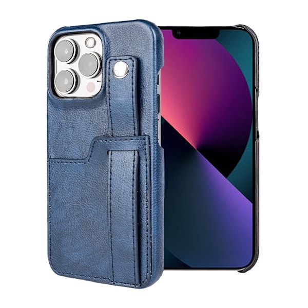 Fodral för iPhone 14plusblå handledsrem anti-fall fäste visitkortsfack läder