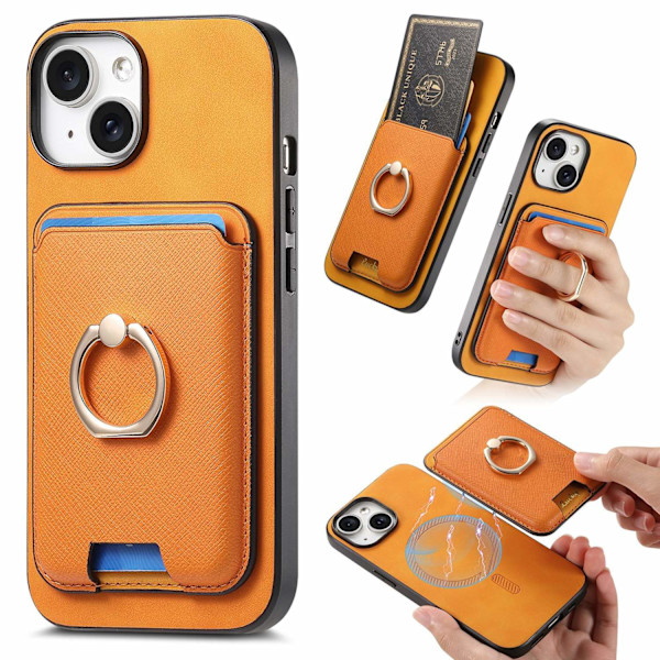 Fodral för iPhone15 orange magnetisk korthållare ring enkelt läder anti fall