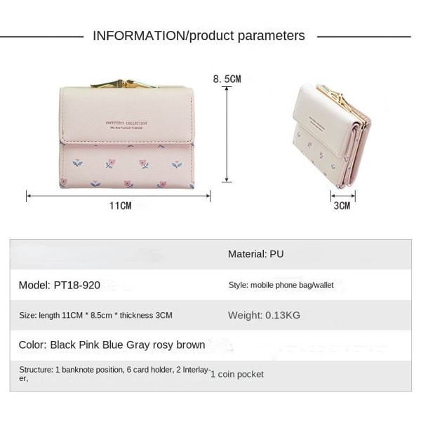 Kvinner lommebok myntveske Mote Mini Tre-fold Kort Enkel Multi-Functional Student Mini Pink
