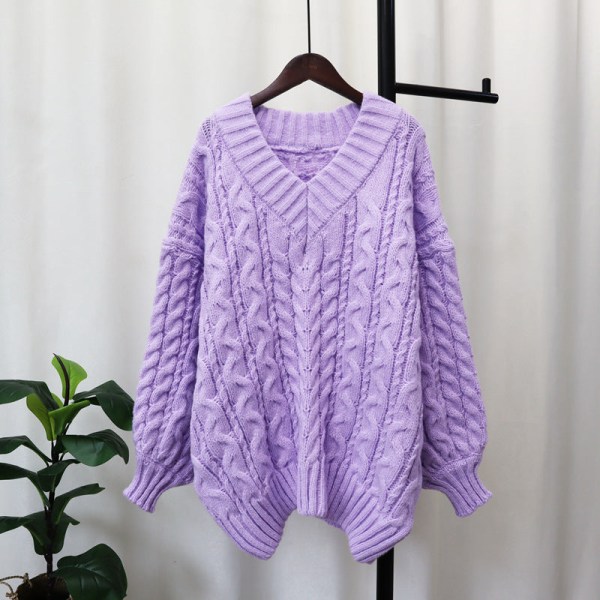 Kvinder Strik Efterår Vinter Sweater Fortykket V-hals Twist Pullover Løs Blød top Purple Average size