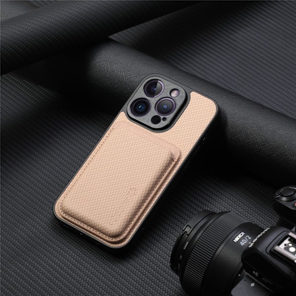Etui til iPhone 15 Pro Max khaki aprikos bakside magnetisk kortholder fibertekstur