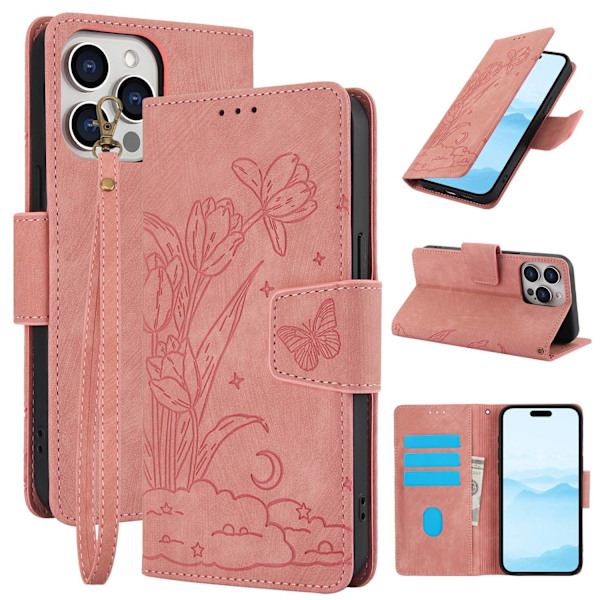 Fodral för iPhone15pro rosa anti-fall präglat läder multifunktionell plånbok