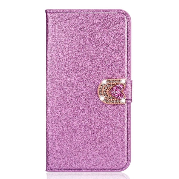 Kotelo iPhone 13 Pro -puhelimelle, violetti glitteri, rakkaustarra, timantti, nahkainen korttipaikka, lompakko, strassi
